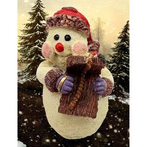 Vintage Snowman Christmas Figurine Red Hat Green Striped Scarf  Winter Decor